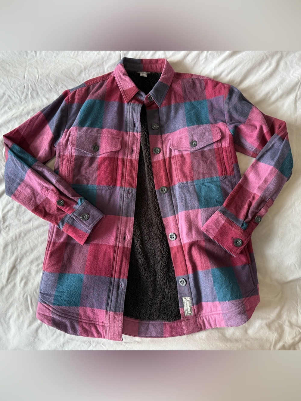 Eddie Bauer Pink and Teal Plaid Sherpa-Lined Flannel